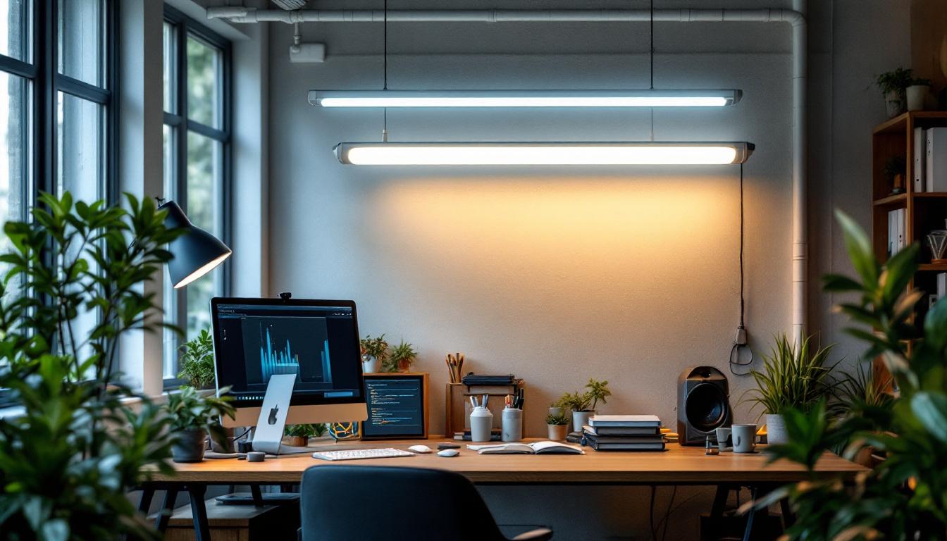 A photograph of a well-lit workspace featuring t8 fluorescent light bulbs in action
