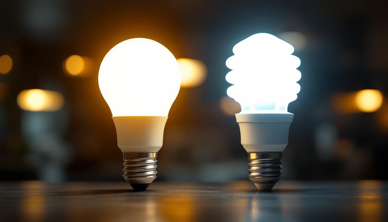 A photograph of a side-by-side comparison of t8 and t12 fluorescent bulbs illuminated in a well-lit environment