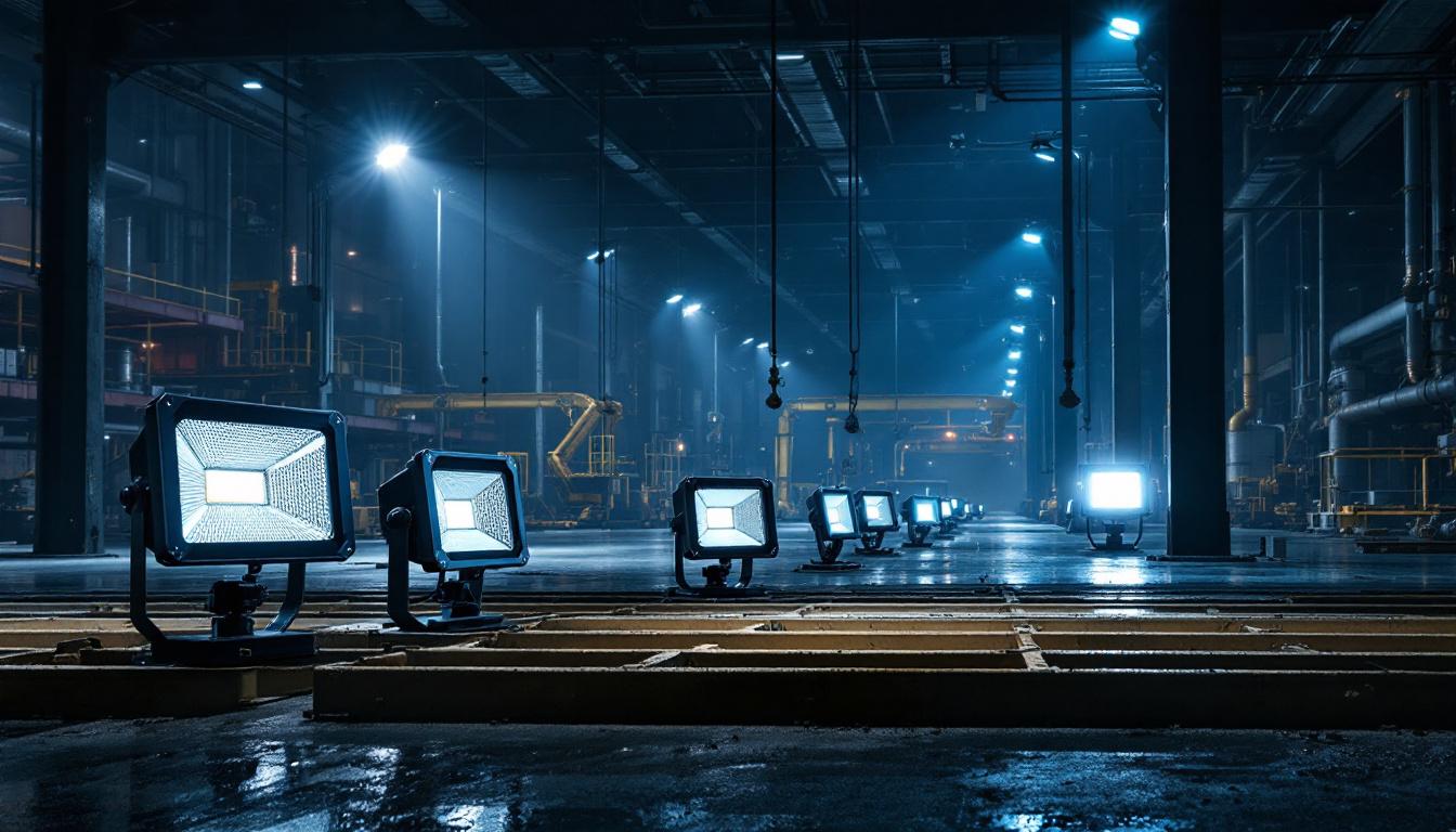 A photograph of a well-lit industrial setting showcasing general electric flood lights in action