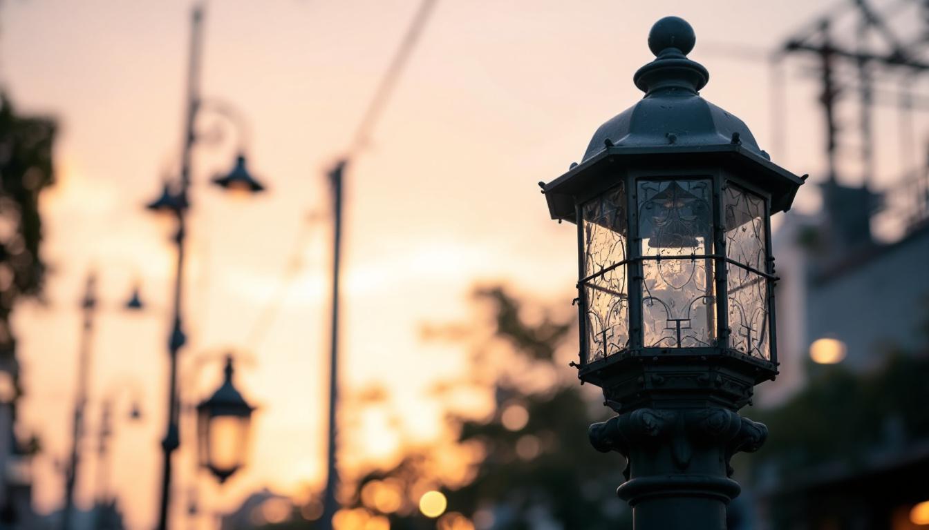 A photograph of an aesthetically pleasing used light post in an urban setting