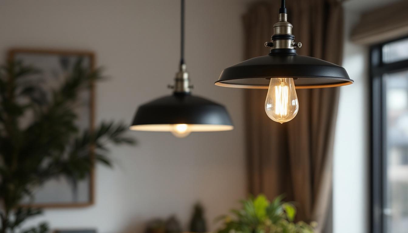 A photograph of a stylish black and brushed nickel pendant light hanging elegantly in a well-lit room