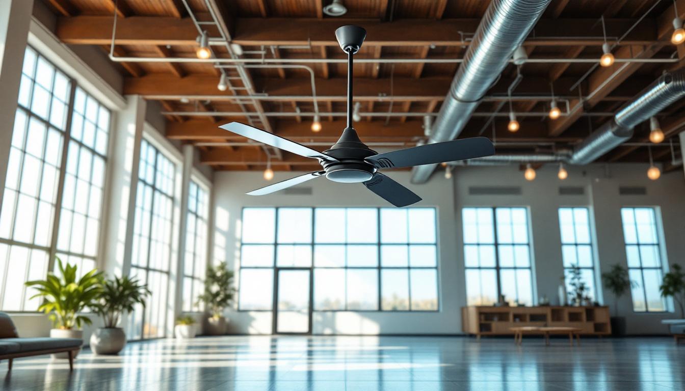 A photograph of a spacious interior featuring a heavy-duty ceiling fan in action