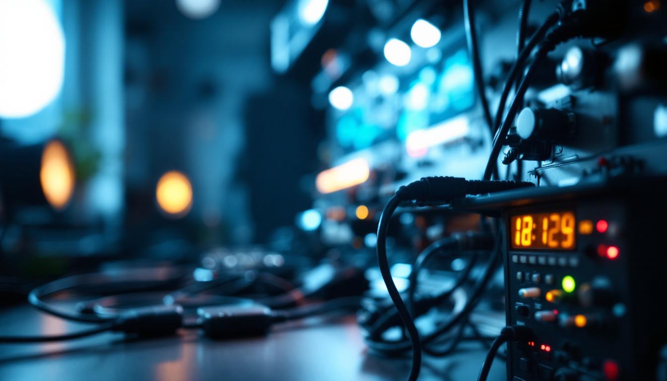 A photograph of a well-organized lighting setup featuring various types of wires and connectors