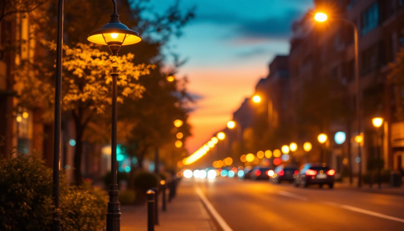 A photograph of a high-pressure sodium street light illuminating a well-lit urban street at dusk