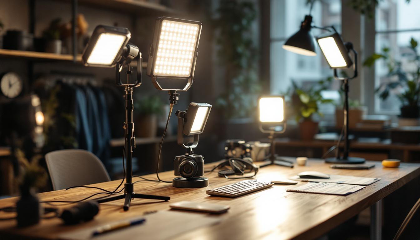 A photograph of a well-lit workspace featuring a variety of led work lights on stands