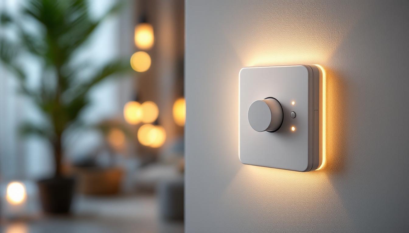 A photograph of a stylish plug-in dimmer switch in action
