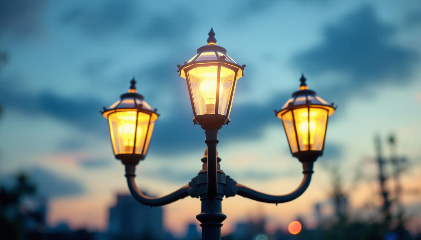 A photograph of a three-headed light post illuminated at dusk
