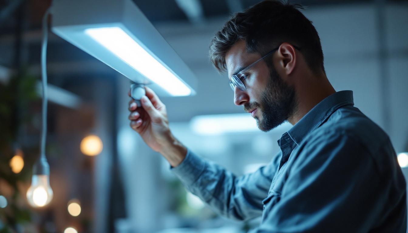A photograph of capture a photograph of a lighting engineer adjusting a fluorescent motion sensor in a well-lit workspace