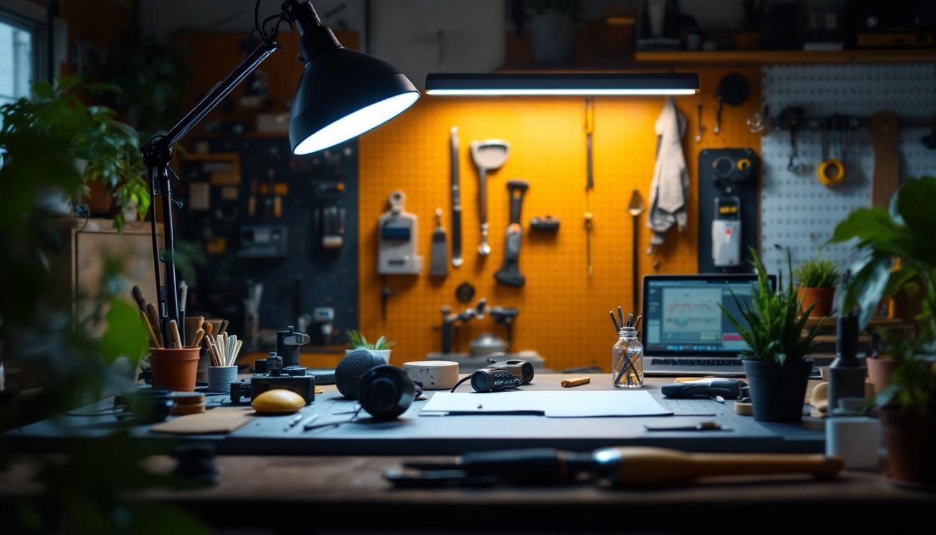 A photograph of a well-lit workspace featuring a 48-inch shop light illuminating various tools and materials