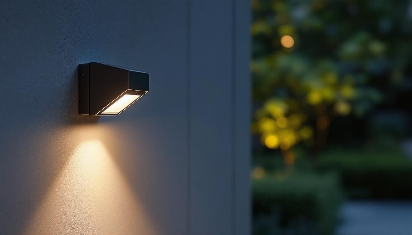 A photograph of a modern motion detection light fixture installed in an outdoor setting