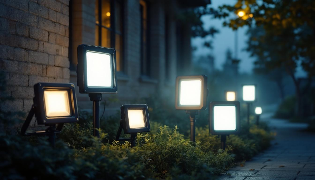 A photograph of a variety of flood lamps of different sizes illuminating a real-world outdoor setting
