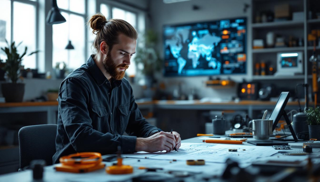 A photograph of a focused electrical engineer in a modern workspace