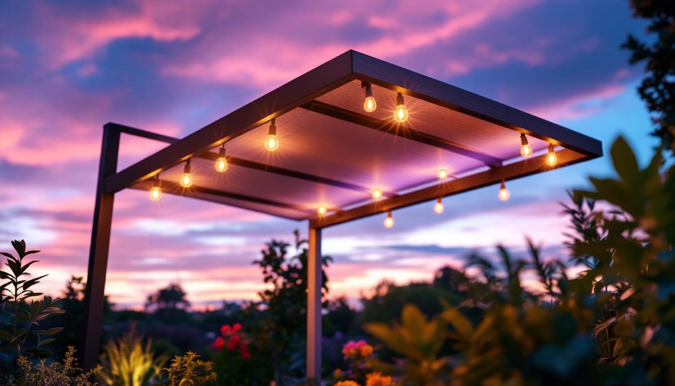 A photograph of a beautifully designed outdoor light canopy installed in a vibrant garden or patio setting