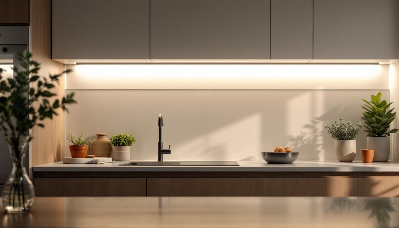 A photograph of a stylish kitchen featuring bright under cabinet lighting that highlights the workspace