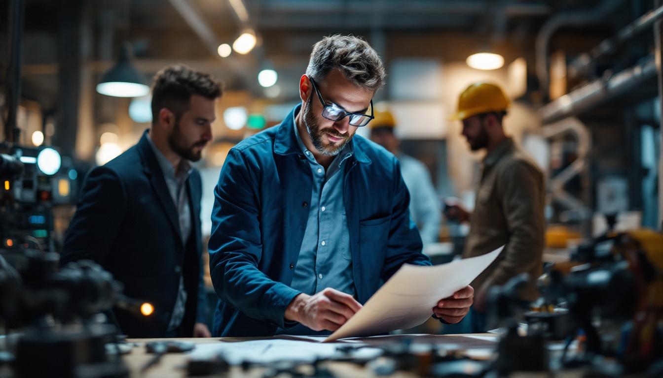A photograph of a skilled electrical engineer collaborating with industry experts in a dynamic workspace