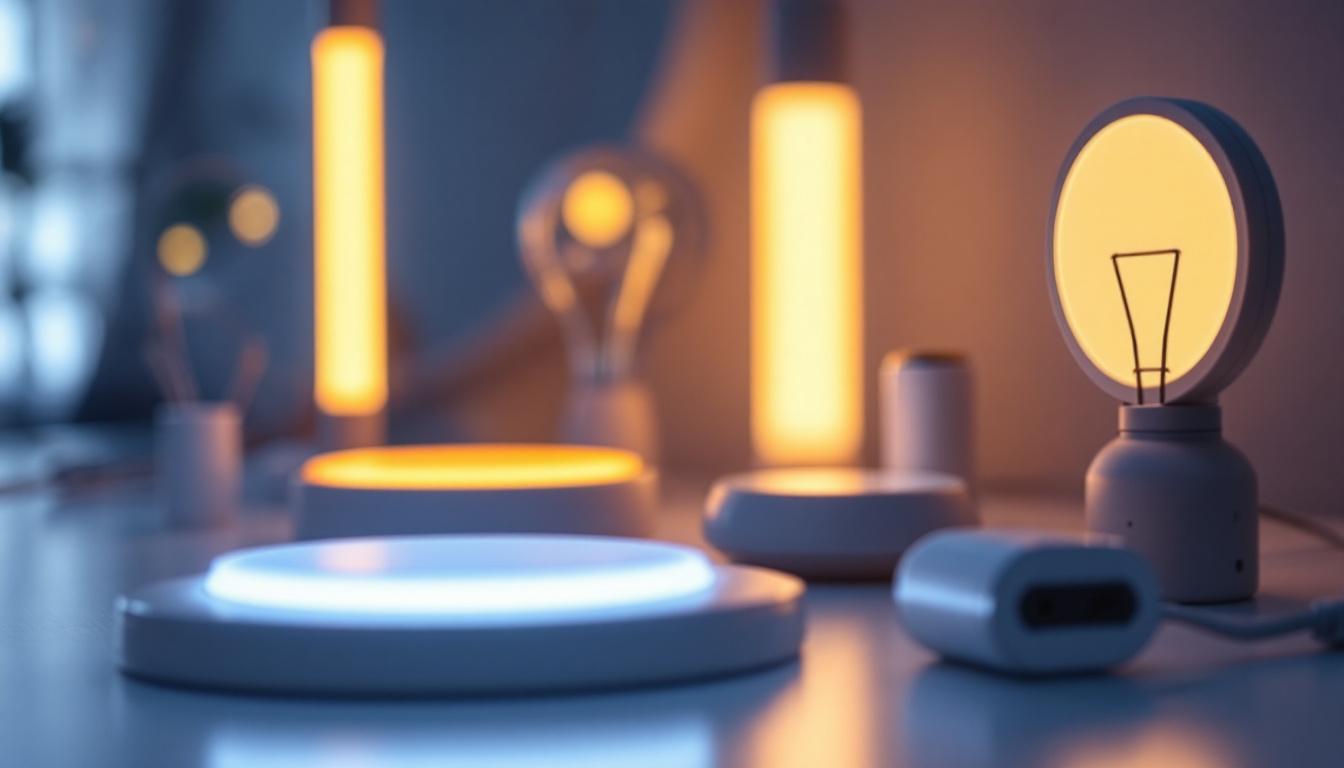 A photograph of a close-up shot of various led light fixtures