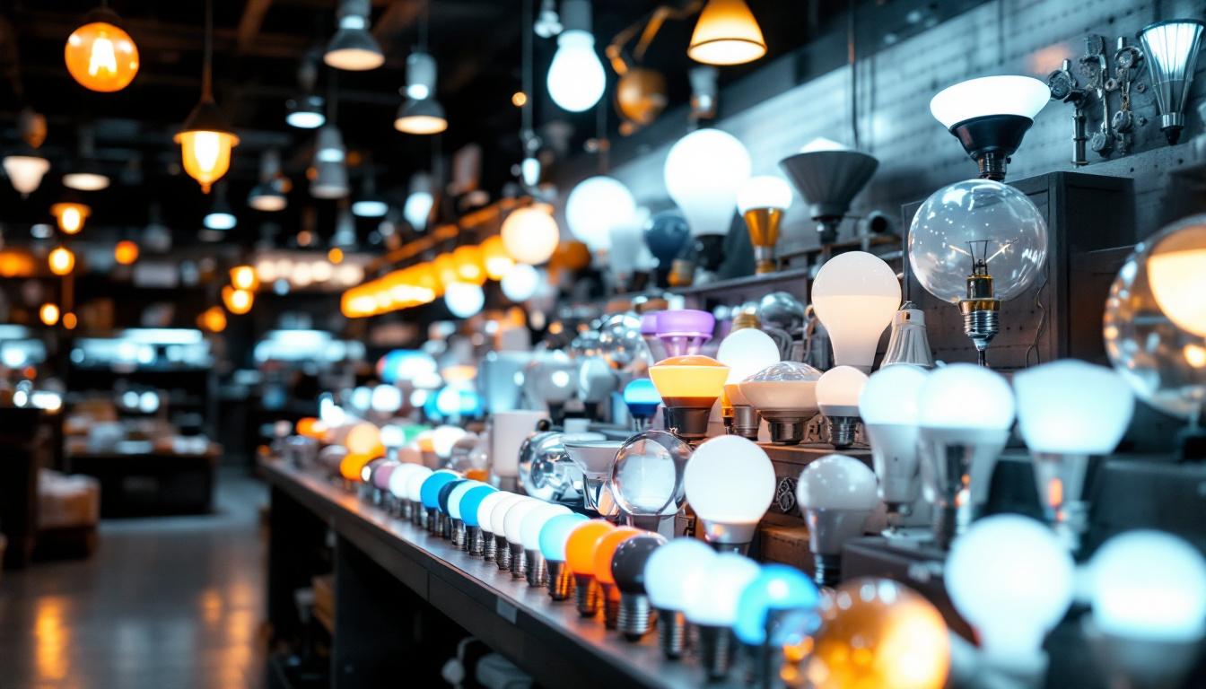 A photograph of a well-lit display of various led lamps in a wholesale setting