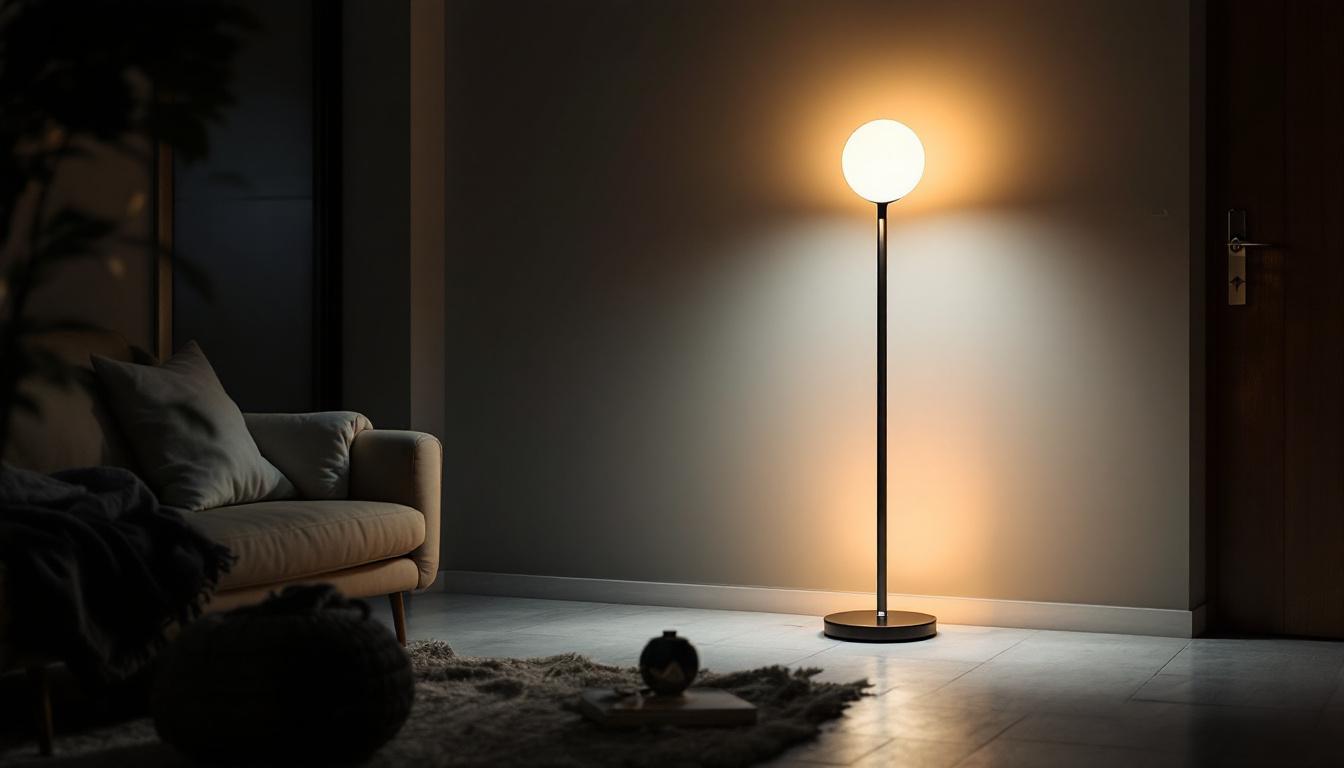A photograph of a beautifully designed motion sensor floor light in a dimly lit room