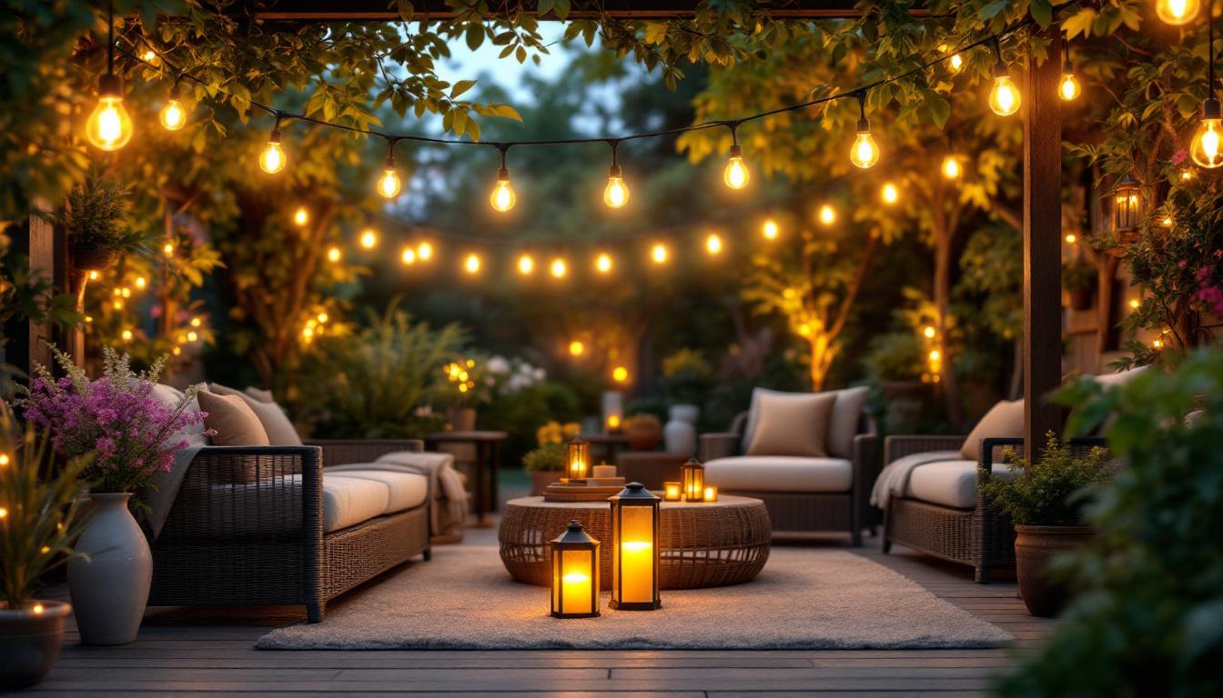 A photograph of a beautifully illuminated outdoor space featuring various styles of hang lights strung across a cozy patio or garden setting