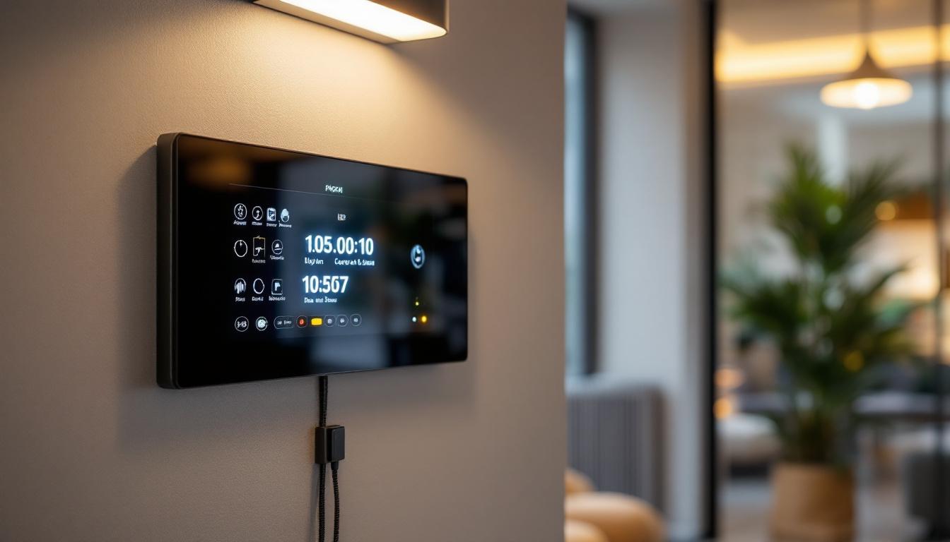 A photograph of a modern lighting control panel integrated with sleek phoenix led fixtures in a stylish interior setting