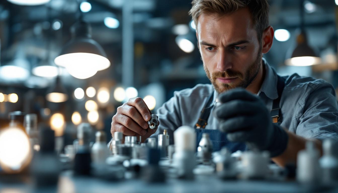 A photograph of a lighting engineer inspecting a variety of light sockets and fixtures