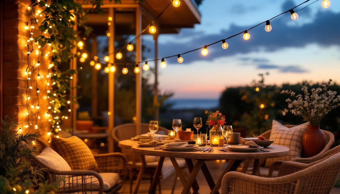 A photograph of a beautifully arranged outdoor setting illuminated by 30-foot string lights