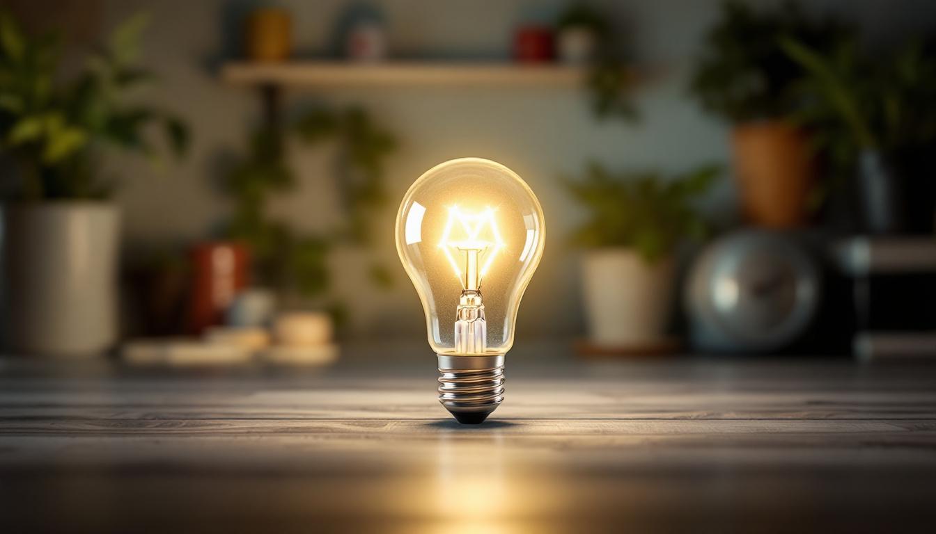 A photograph of a close-up of a type a led light bulb illuminated in a home setting