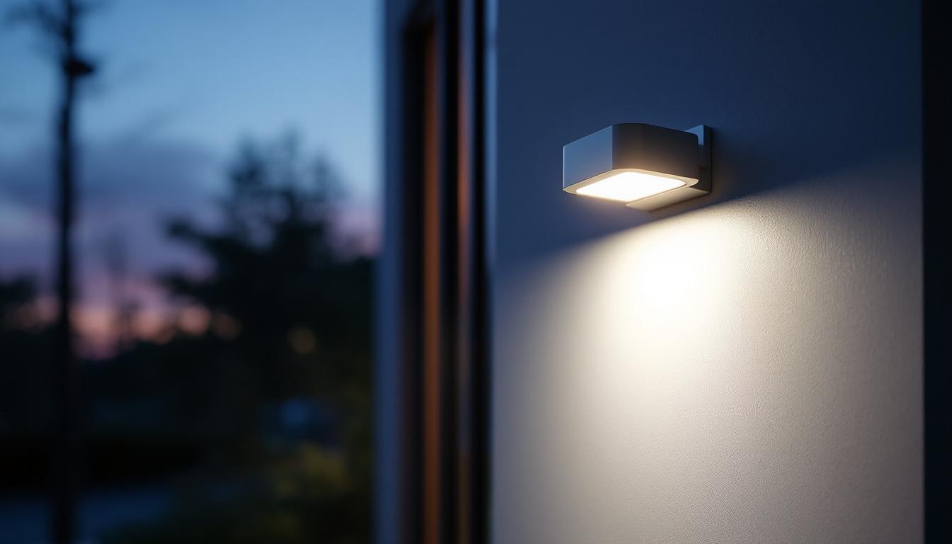 A photograph of a well-designed exterior flood light fixture illuminating a building facade at dusk