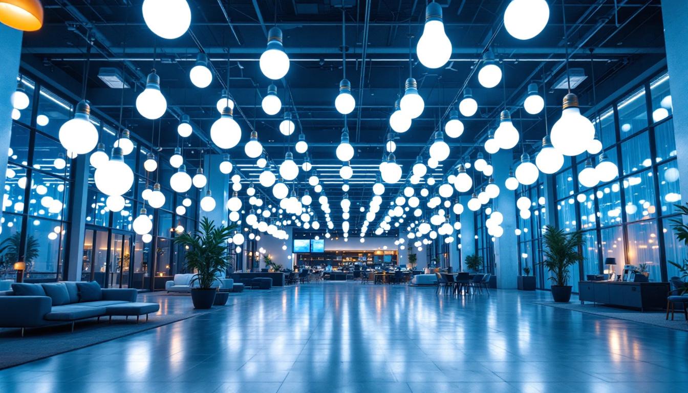 A photograph of a large-scale lighting installation featuring various led bulbs in diverse settings