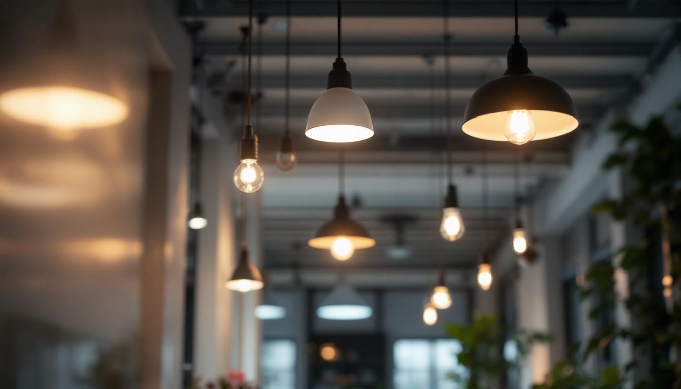 A photograph of a well-lit indoor space showcasing various lighting fixtures