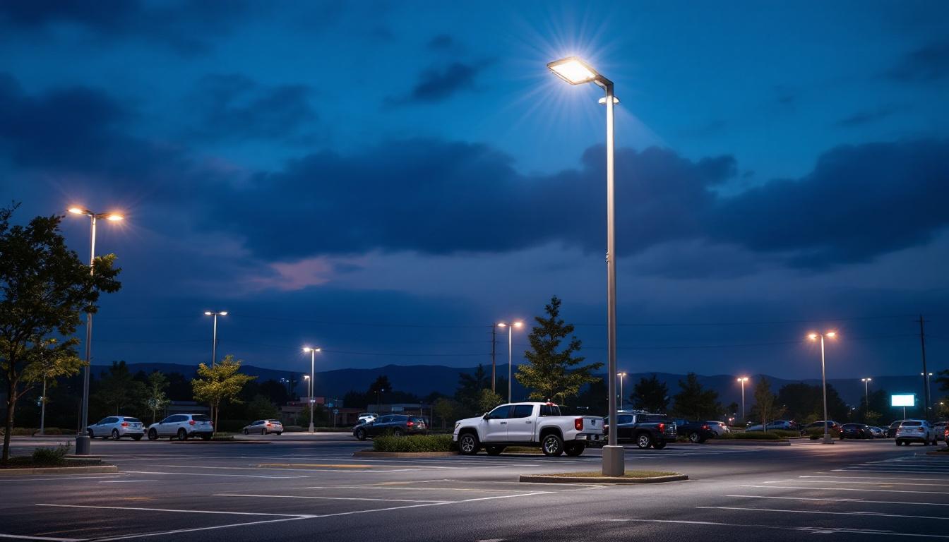 A photograph of a well-lit 20-foot parking lot light pole at dusk