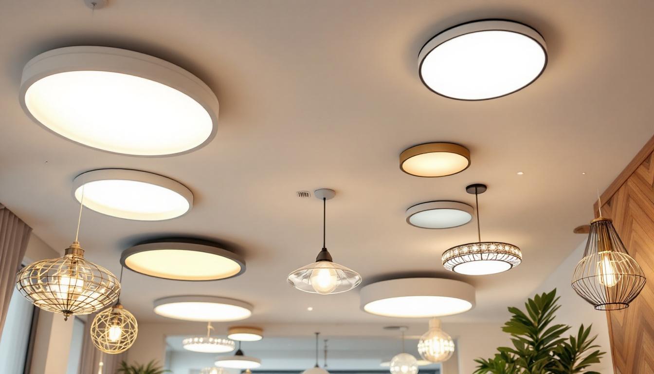 A photograph of a well-lit ceiling showcasing various types of ceiling lights—such as recessed lights