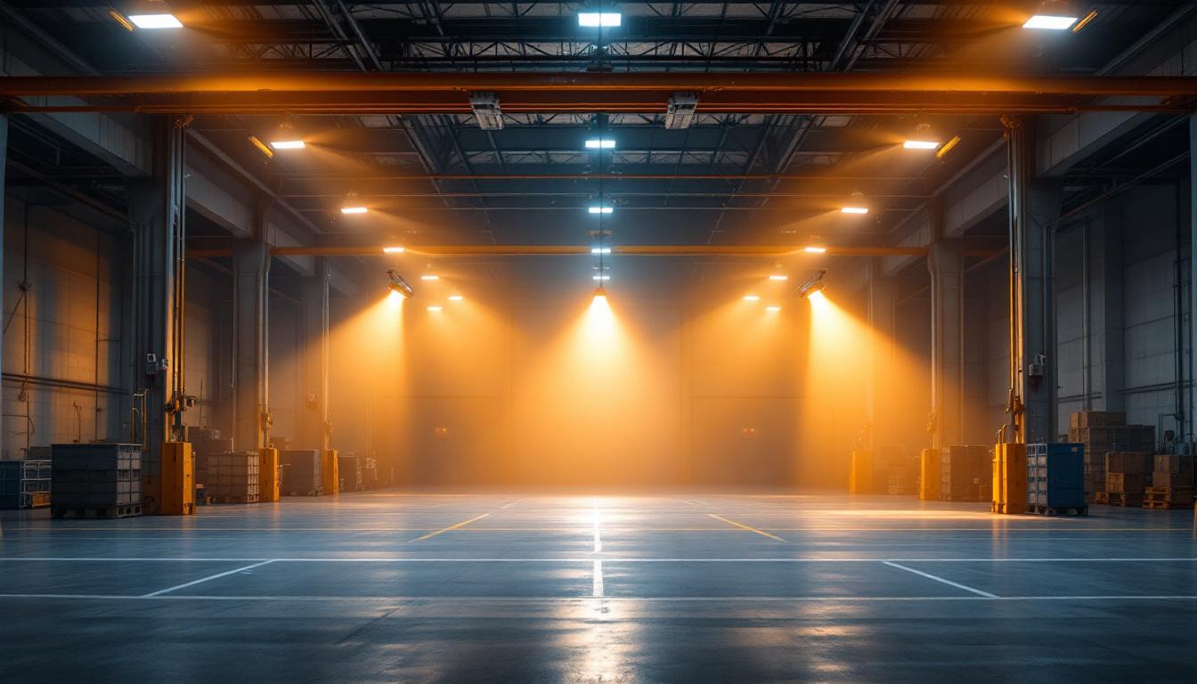 A photograph of a brightly lit industrial space featuring high bay lights in action