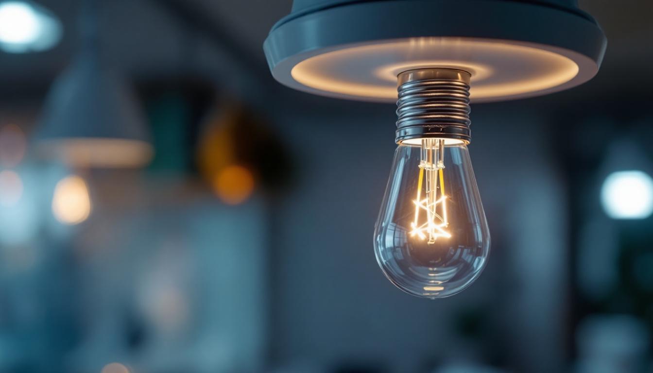 A photograph of a close-up shot of a direct wire led bulb installed in a modern light fixture