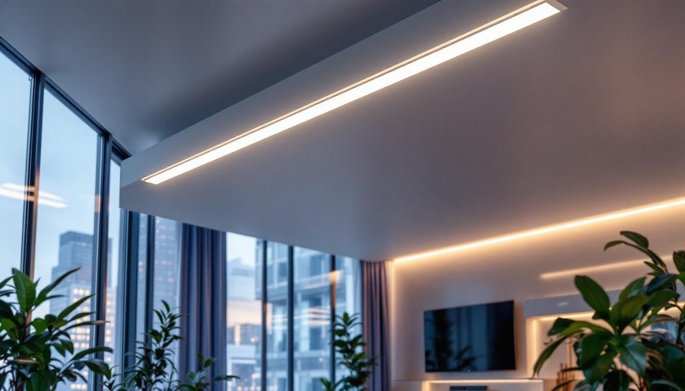 A photograph of a modern interior space featuring recessed linear led ceiling lights