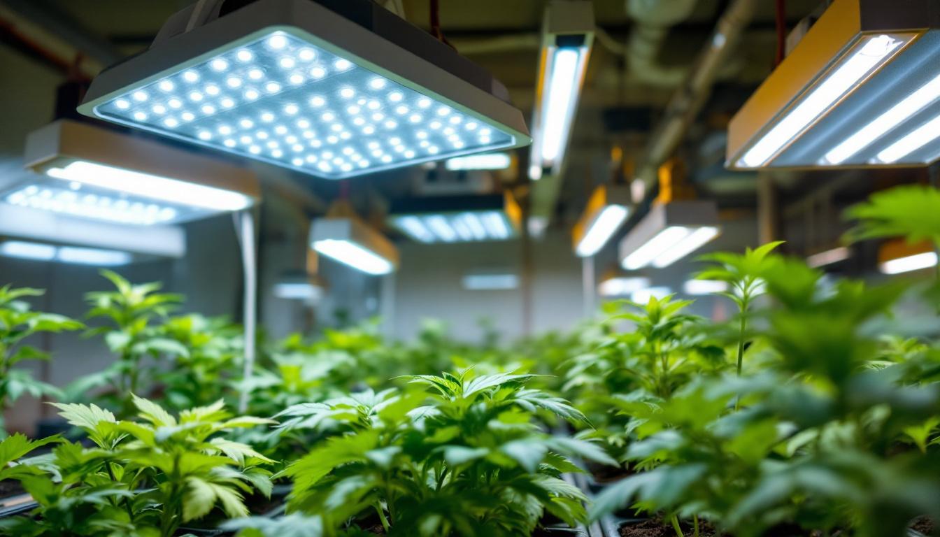 A photograph of a well-lit indoor grow space featuring various types of electrical lighting systems