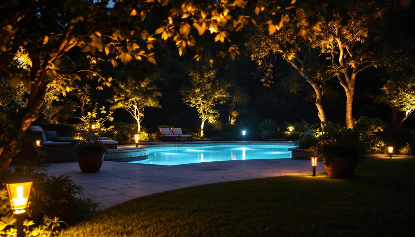 A photograph of a beautifully illuminated outdoor space featuring various landscape lights in action