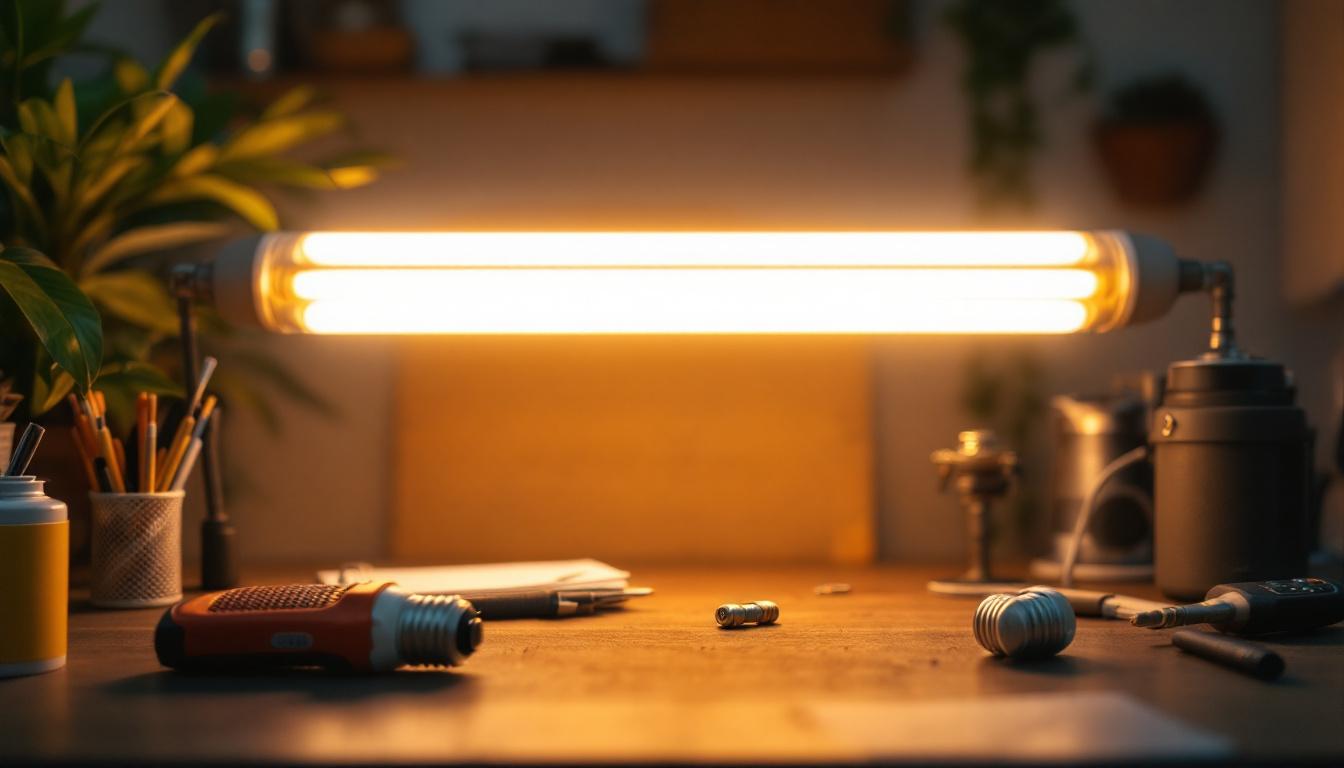 A photograph of capture a photograph of a fluorescent bulb in a modern workspace