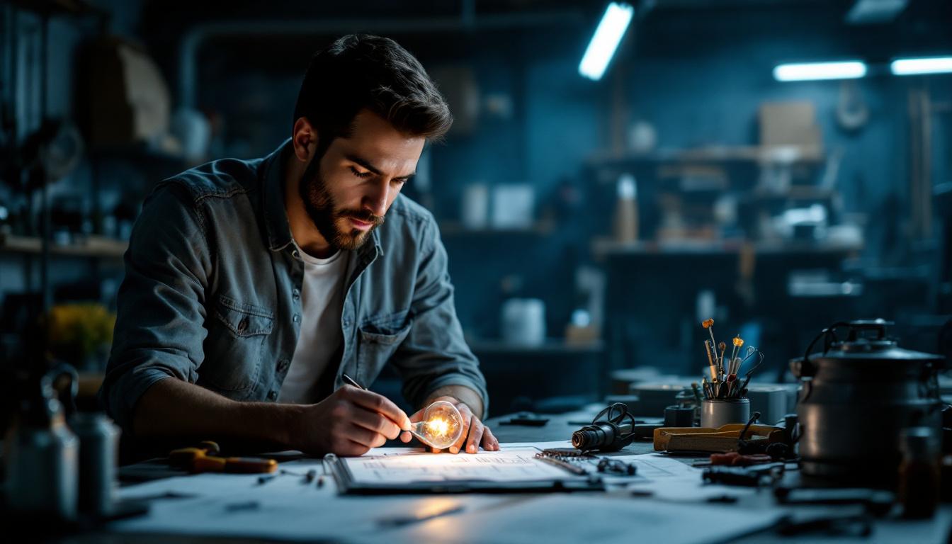 A photograph of a focused electrical engineer examining a glowing light bulb in a dimly lit workshop