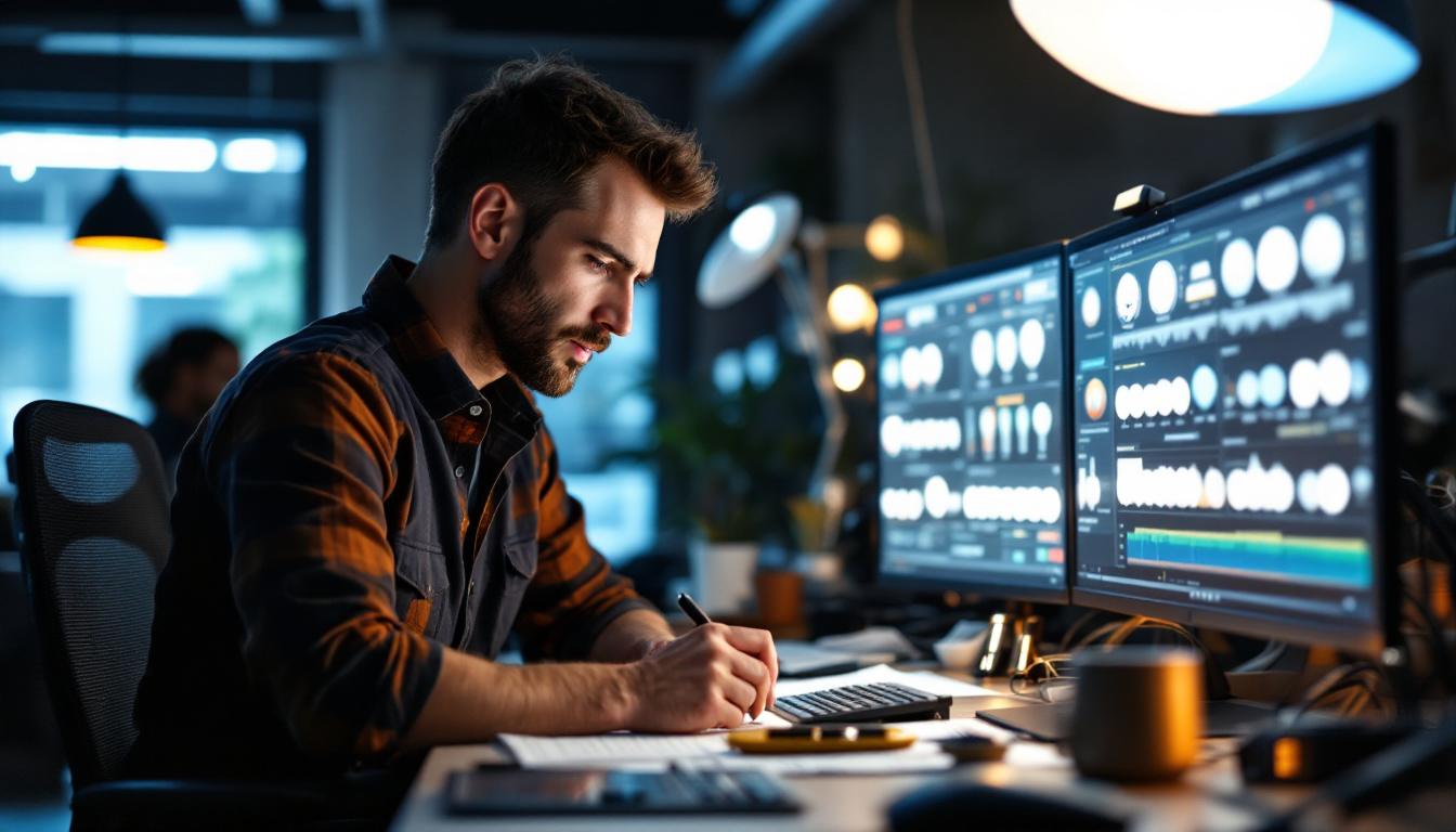 A photograph of a lighting engineer analyzing an array of osram sylvania products in a modern workspace