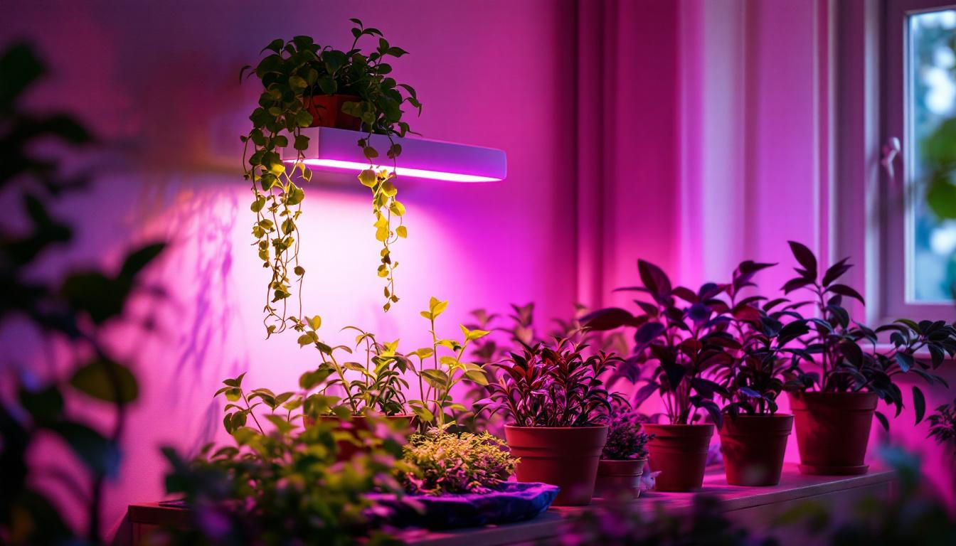A photograph of a stylishly designed indoor space featuring a wall-mounted grow light system