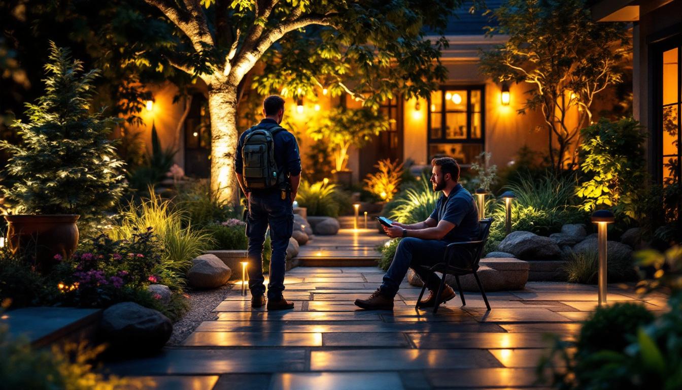 A photograph of a beautifully illuminated outdoor space showcasing various landscape lighting designs