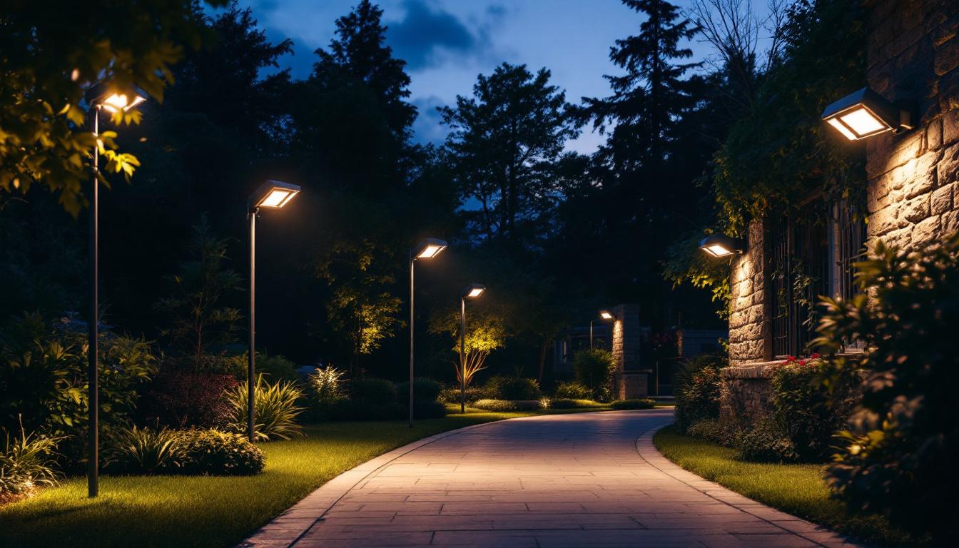 A photograph of a well-lit outdoor scene showcasing various led flood light fixtures in use