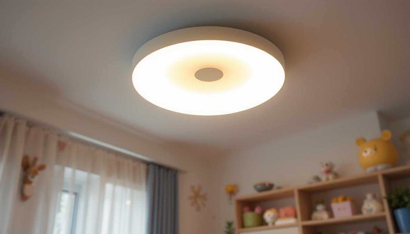 A photograph of a beautifully designed playroom featuring a stylish ceiling light installation