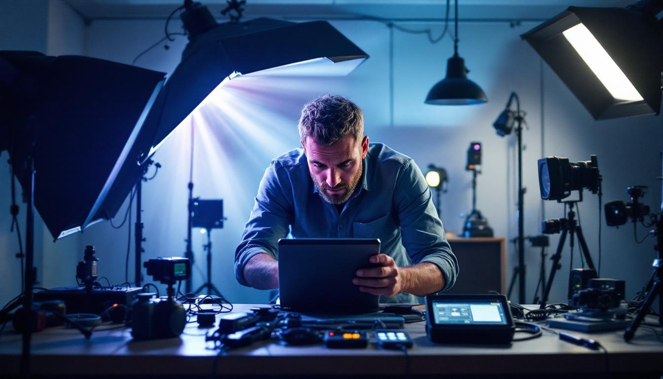A photograph of a lighting engineer at work