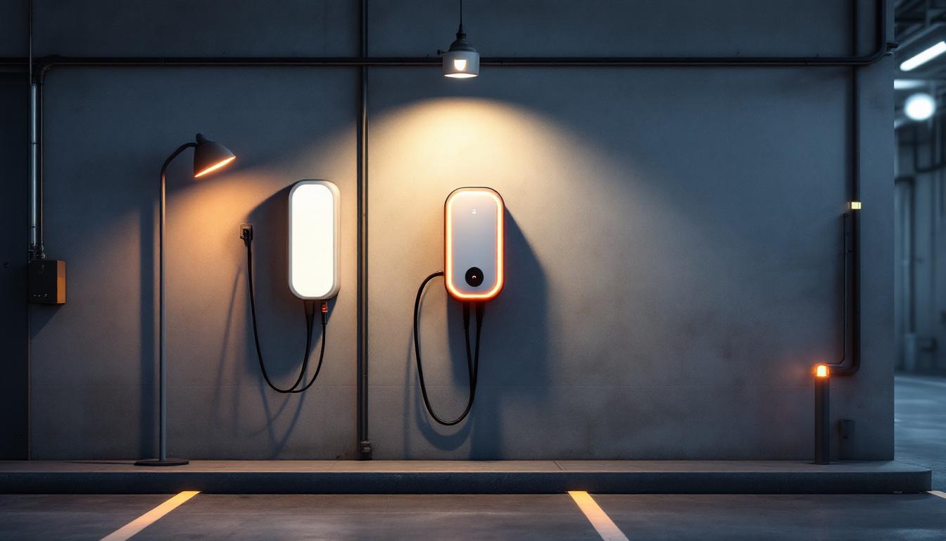 A photograph of a modern ac level 2 charger installed in an industrial setting