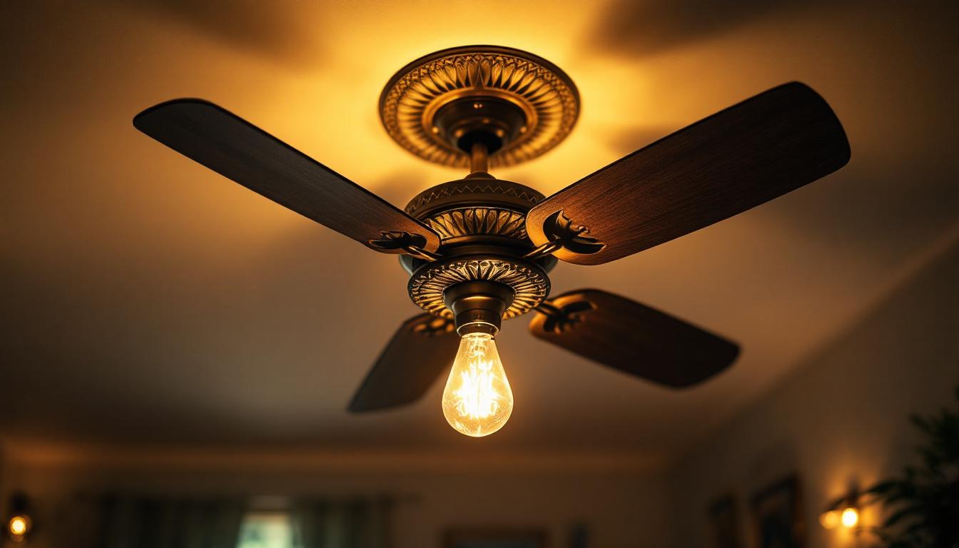 A photograph of a stylish ceiling fan with intricate light fixtures in a well-decorated room