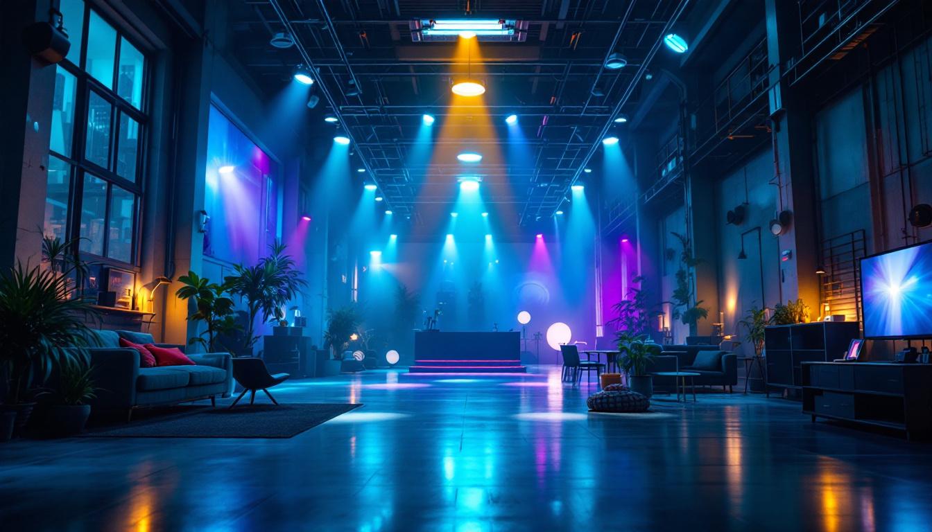 A photograph of a vibrant warehouse interior showcasing dynamic lighting installations
