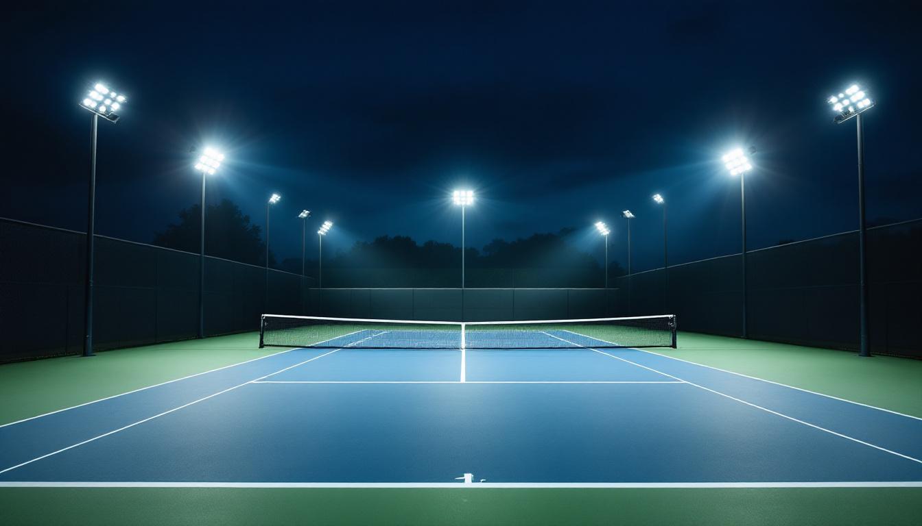A photograph of a well-lit tennis court at dusk