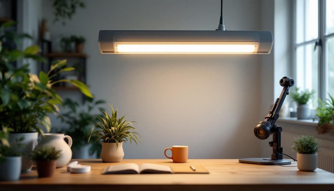 A photograph of a well-lit workspace featuring a 4-foot fluorescent bulb in use